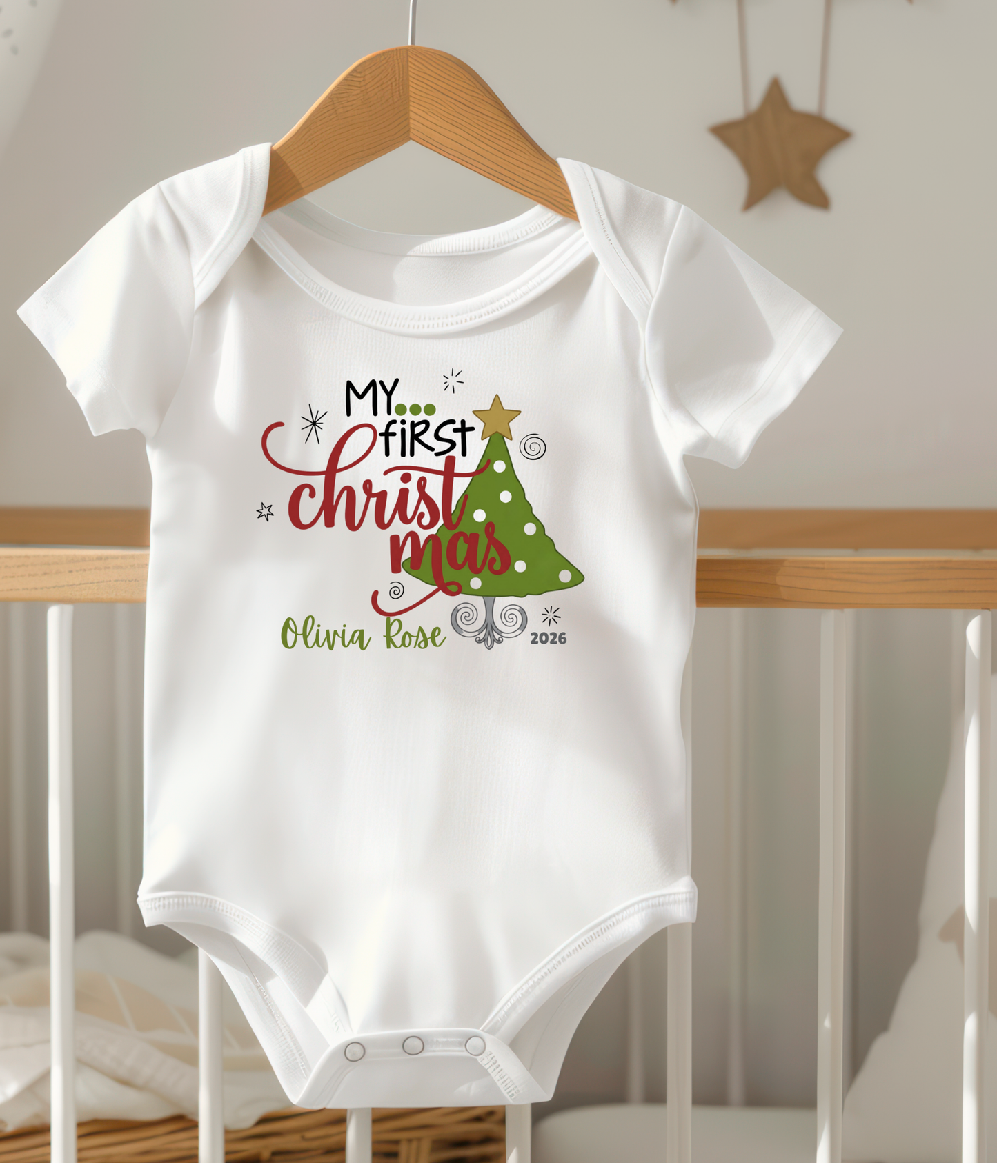 Baby Bodysuit Tee - "My First Christmas" Holiday Onesie with Christmas Tree Design