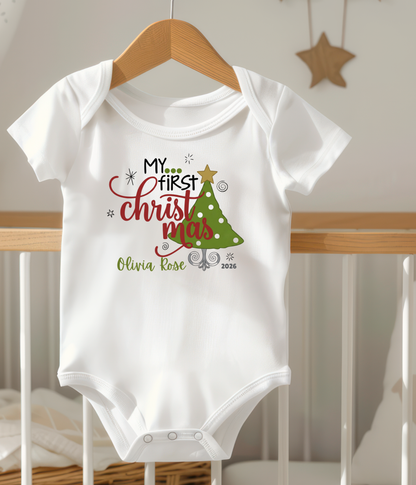 Baby Bodysuit Tee - "My First Christmas" Holiday Onesie with Christmas Tree Design