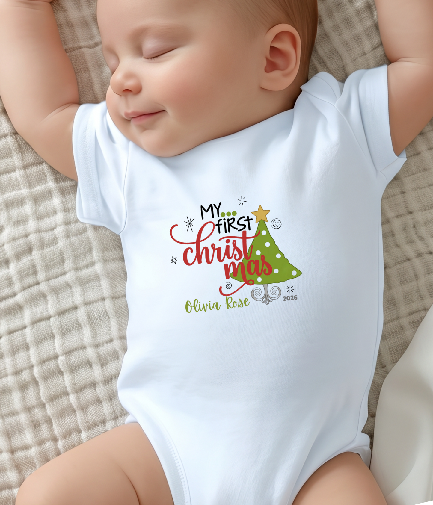 Baby Bodysuit Tee - "My First Christmas" Holiday Onesie with Christmas Tree Design