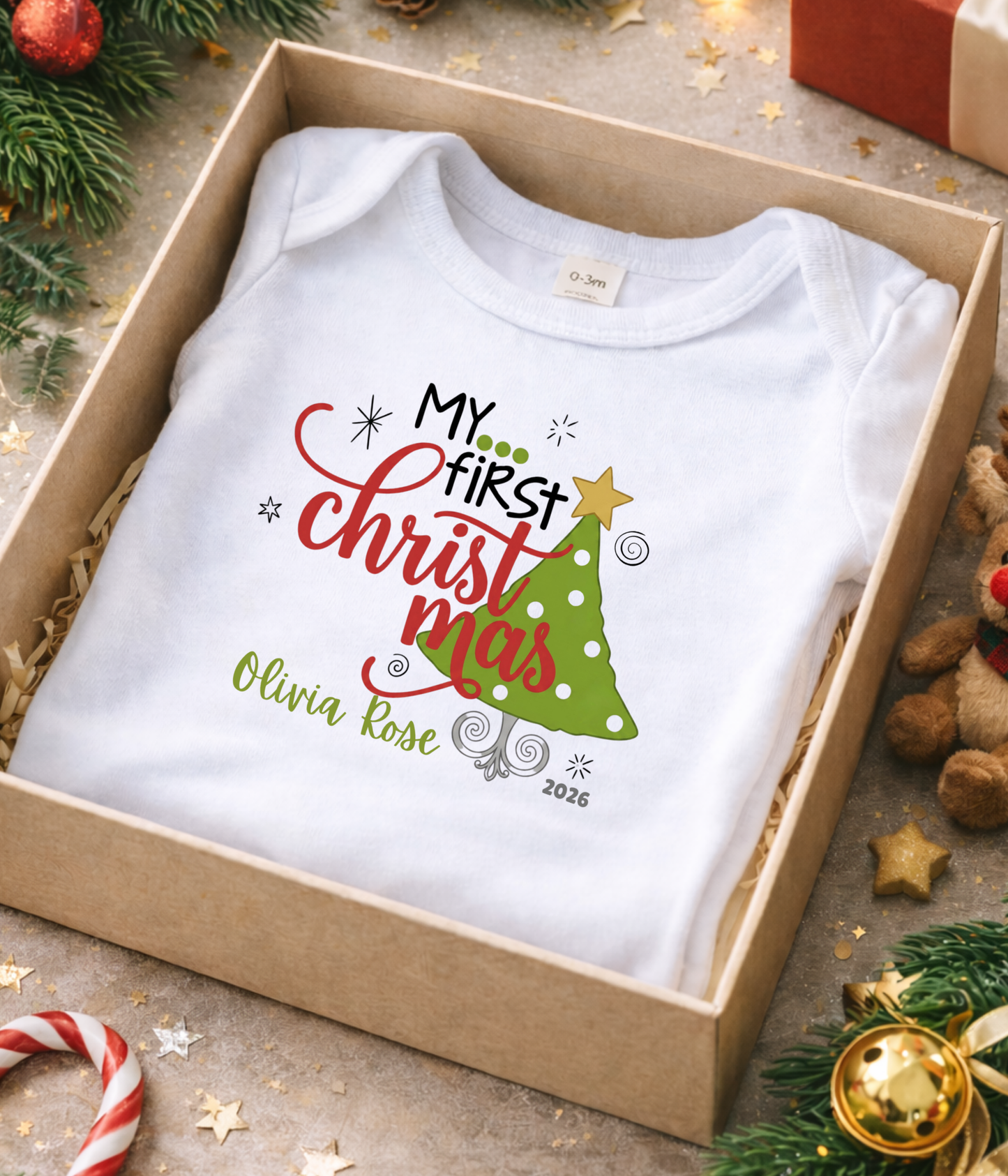 Baby Bodysuit Tee - "My First Christmas" Holiday Onesie with Christmas Tree Design