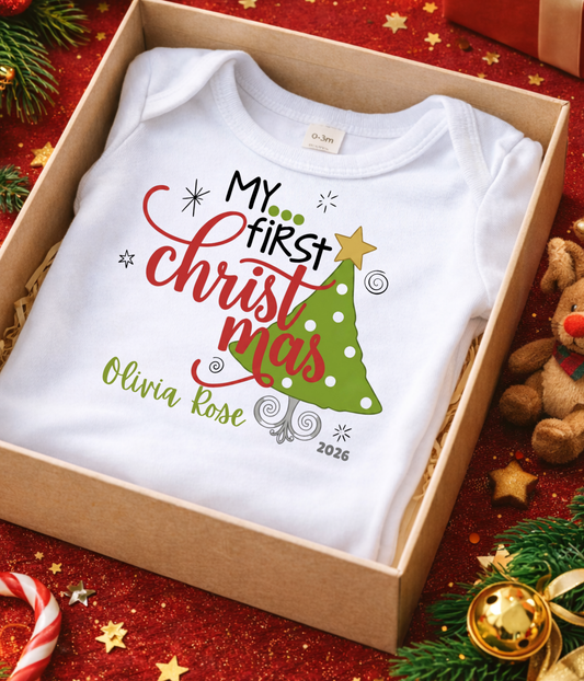 Baby Bodysuit - "My First Christmas" Holiday Onesie with Christmas Tree Design