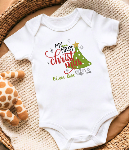 Baby Bodysuit Tee - "My First Christmas" Holiday Onesie with Christmas Tree Design