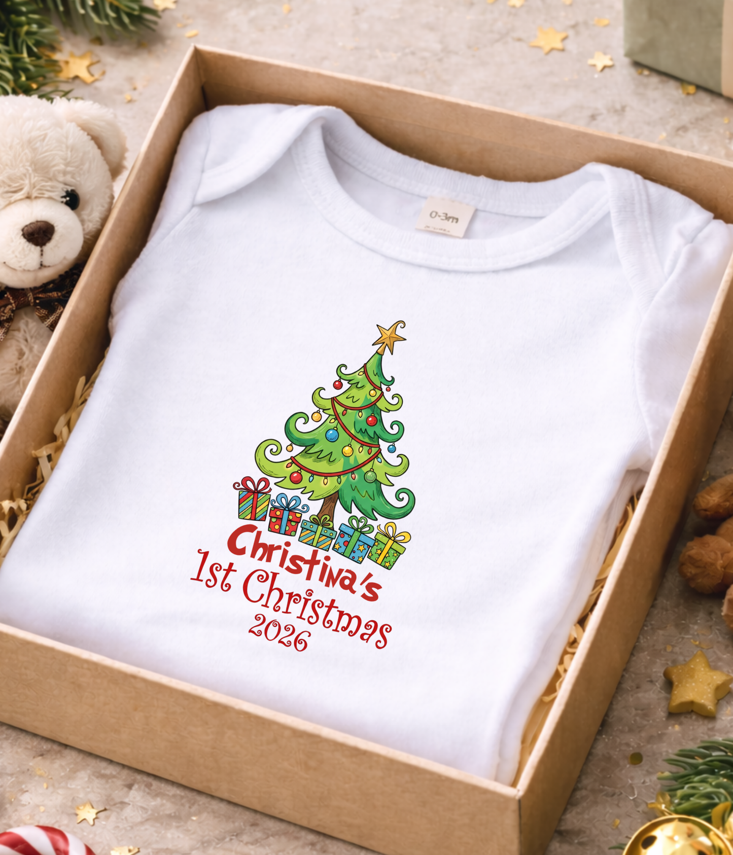 Personalized Baby First Christmas Tee | Custom Christmas Baby Bodysuit | Baby’s First Christmas Keepsake Gift